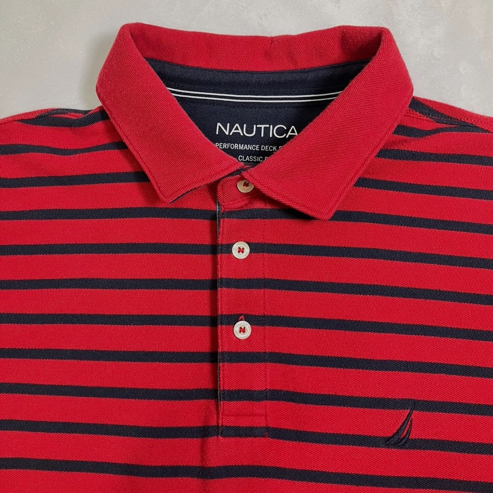 Nautica Mens Red & Blue Striped Classic Fit Performance Deck Polo‎ Shirt Size L